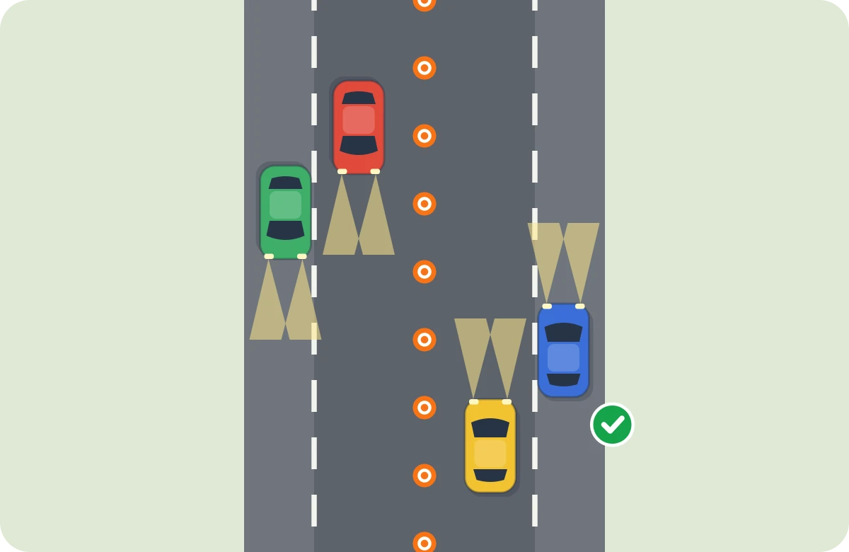 Carril adicional con conos. Todos con luz de cruce, incluso de día, entre 60 y 80 km/h y sin cruzar los conos.