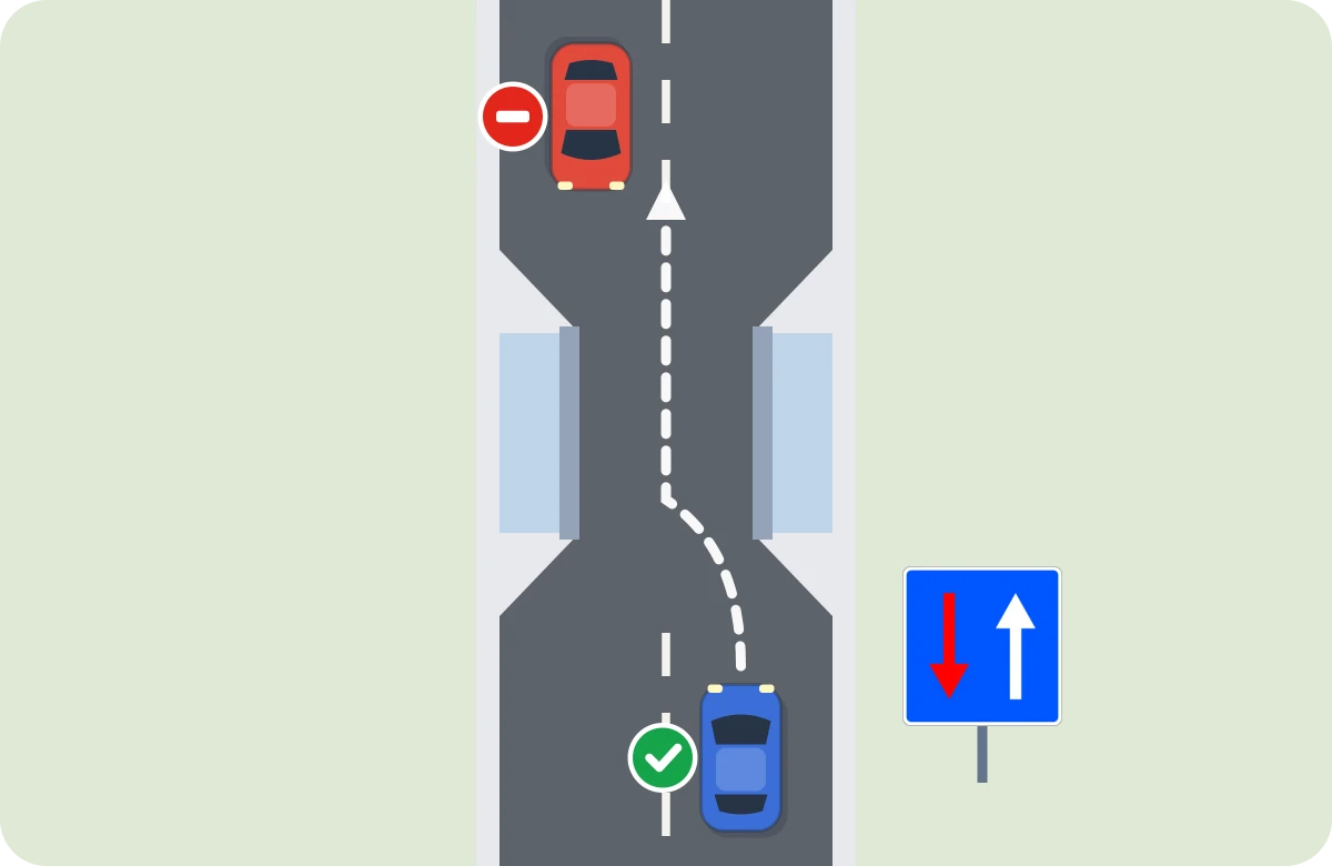 R-6: pasas tú. Con esta señal en tu lado, tienes preferencia; el de enfrente, con R-5, espera.