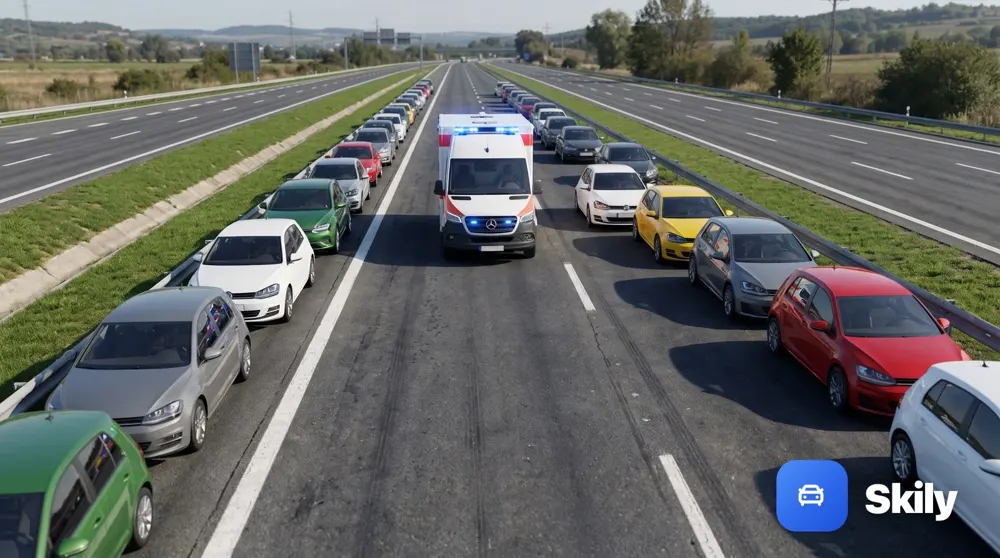 Autopista de tres carriles por sentido, tráfico detenido. Usted está en el carril central. ¿Hacia dónde debe apartarse?
