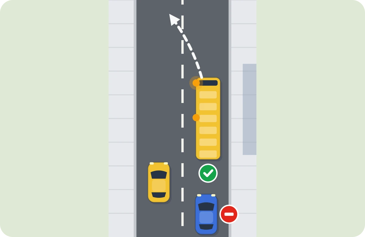 Autobús que sale de la parada. En ciudad, el azul deja salir al autobús y se detiene si es necesario.