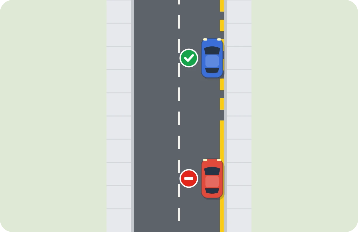 Bordillo amarillo. Discontinuo: parar sí, estacionar no. Continuo: ni una cosa ni la otra.