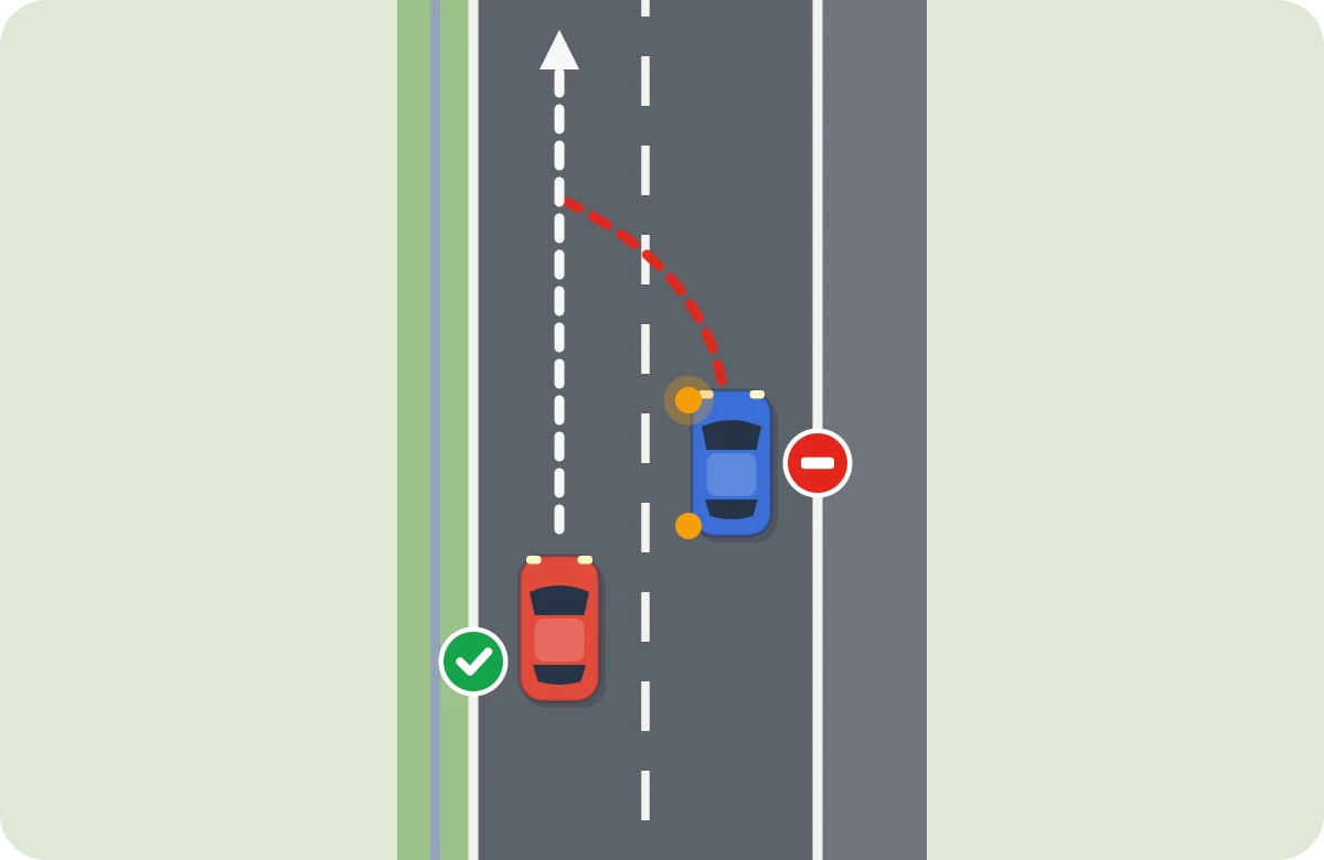 Cambio de carril. El rojo ya va por el carril izquierdo: tiene preferencia. El azul espera con el intermitente puesto.