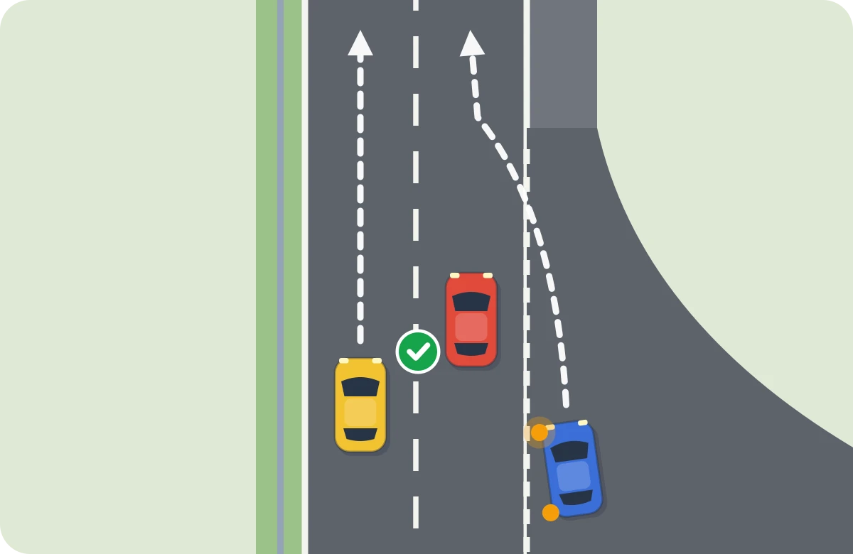 Carril de aceleración. El azul mira al principio, acelera por el carril y se incorpora detrás del rojo, que ya circulaba.