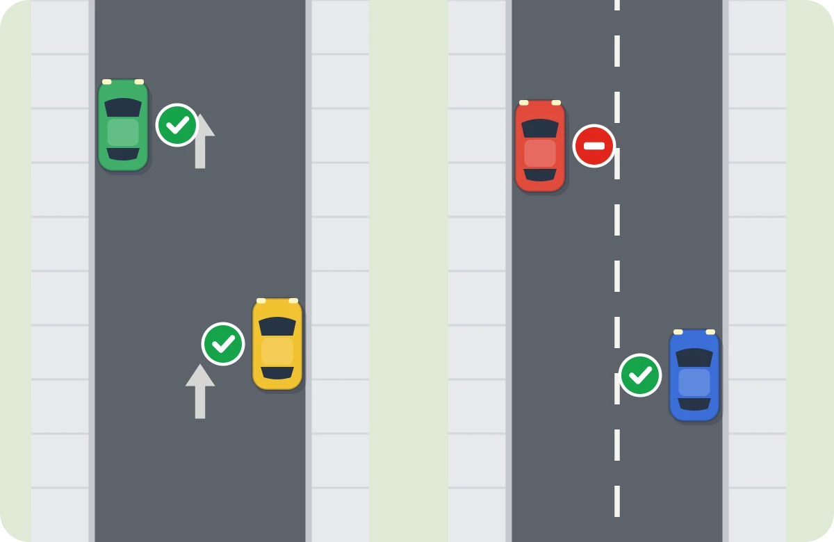 Estacionar en ciudad. Sentido único: a los dos lados. Doble sentido: solo a la derecha. El rojo infringe.