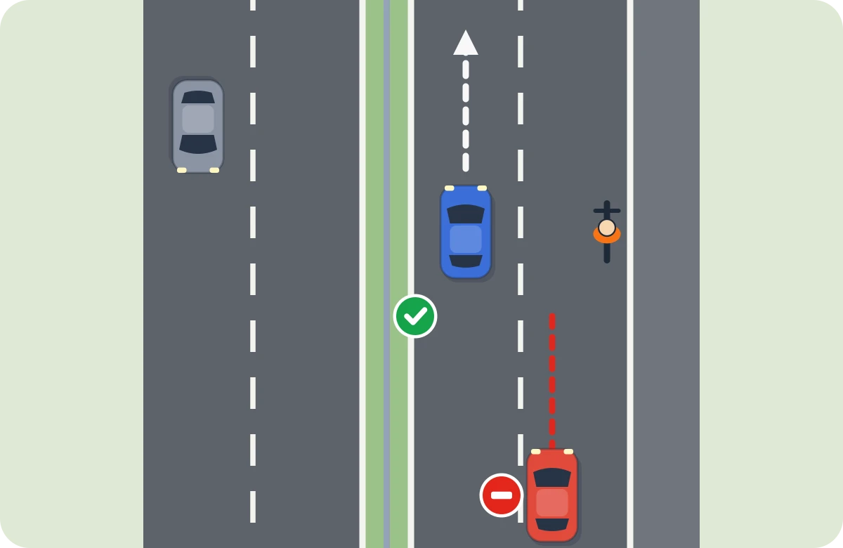 Dos carriles: cambio completo. En autovía, el coche se pasa entero al carril izquierdo para adelantar al ciclista.