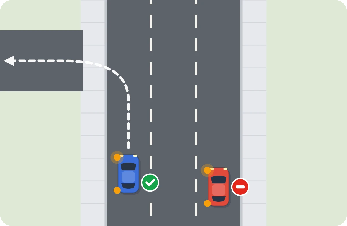 Izquierda en sentido único. Pegado al borde izquierdo. El rojo intenta girar desde el carril derecho: error.