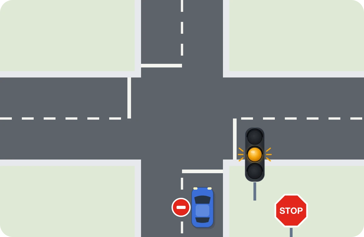 Ámbar intermitente + STOP. El intermitente solo pide precaución: vuelve a mandar el STOP y te detienes.