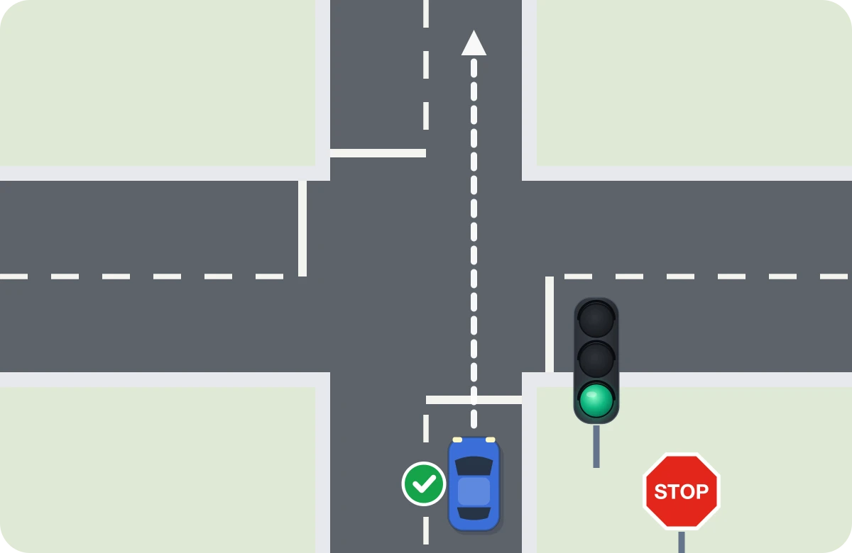 Verde + STOP. Manda el semáforo: pasas sin detenerte en el STOP.