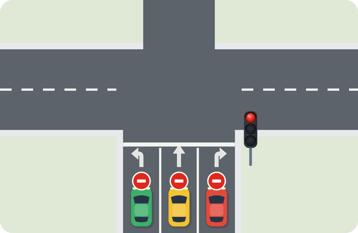 Un semáforo a la derecha. Vale para todos los carriles: en rojo se detienen los que giran y los que siguen recto.