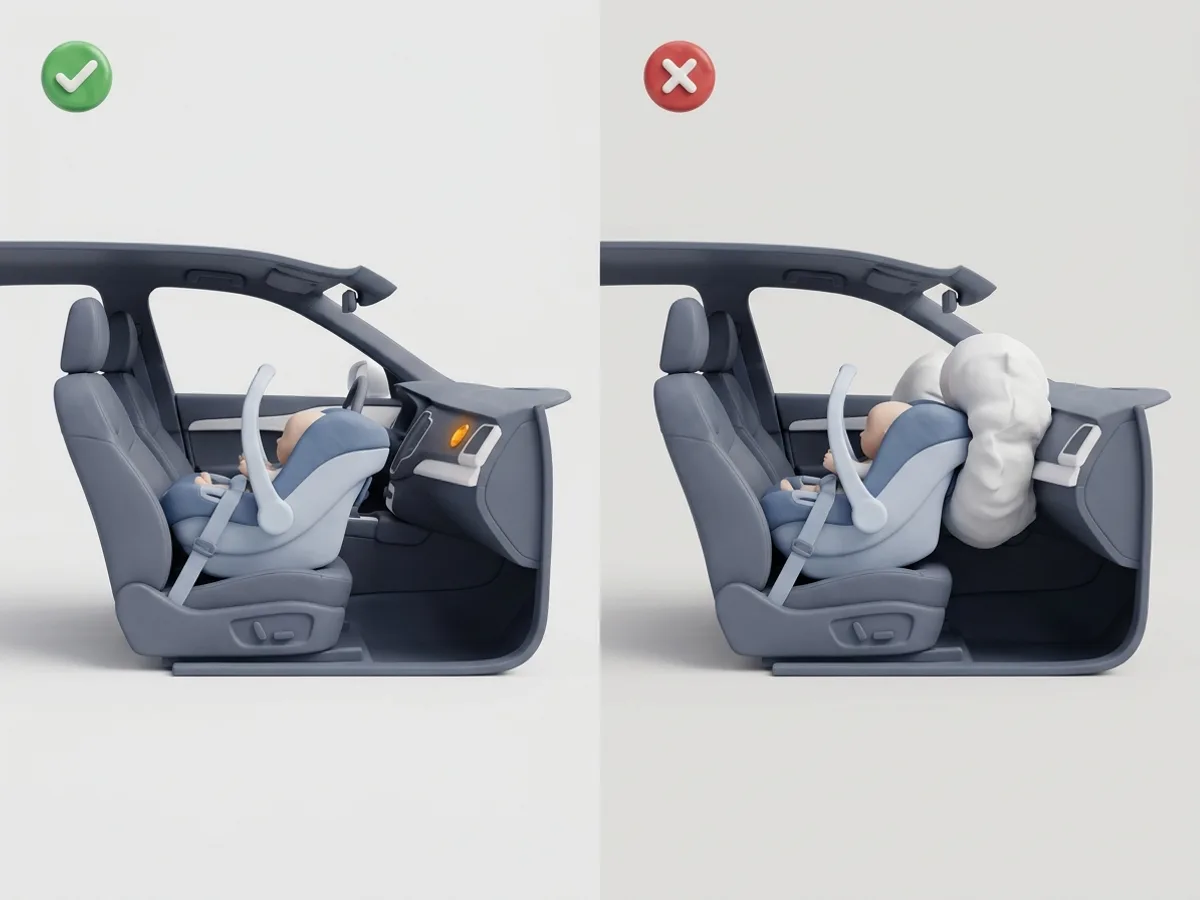 Silla a contramarcha delante. Solo con el airbag frontal desactivado. Con el airbag activo, golpea la silla a la altura de la cabeza del niño.