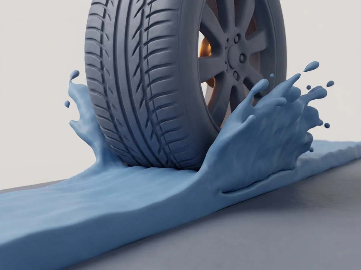 Aquaplaning. El neumático flota sobre el agua y deja de tocar el asfalto. Se evita bajando la velocidad.