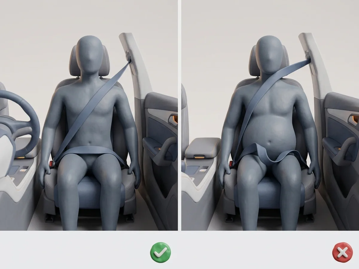 Cinturón bien puesto. Bien: por la clavícula y la pelvis. Mal: banda en el cuello y la de la cintura sobre el abdomen y floja.
