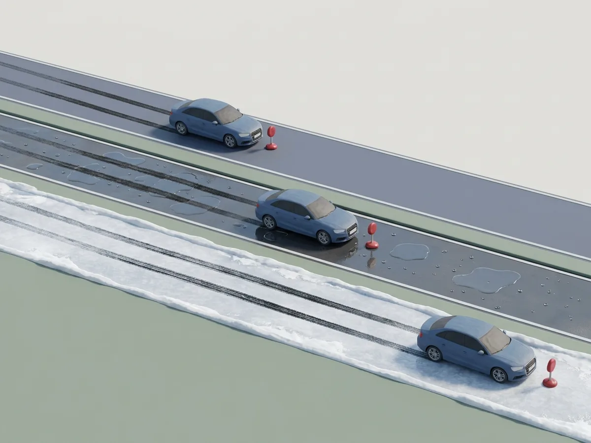 Seco, mojado y hielo. Mismo coche y misma velocidad: en mojado frena en el doble de metros, en nieve o hielo en hasta diez veces más.