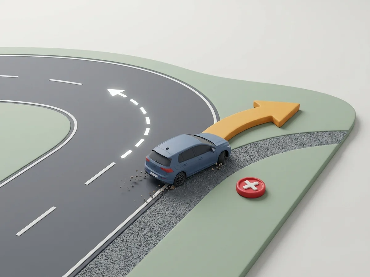 Fuerza centrífuga. Demasiado rápido en curva: el coche sale hacia el exterior y pisa el arcén.
