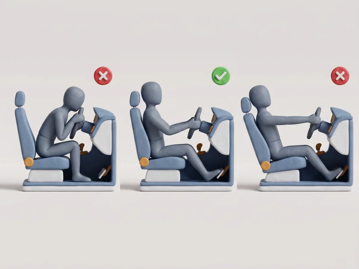 Postura al volante. Brazos y piernas ligeramente flexionados. Demasiado cerca o demasiado lejos, mal.