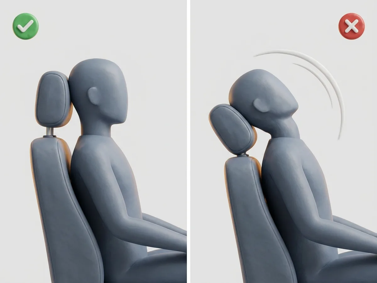 Reposacabezas. Bien: a la altura de los ojos y pegado a la cabeza. Mal: a la altura del cuello, y la cabeza se va hacia atrás.