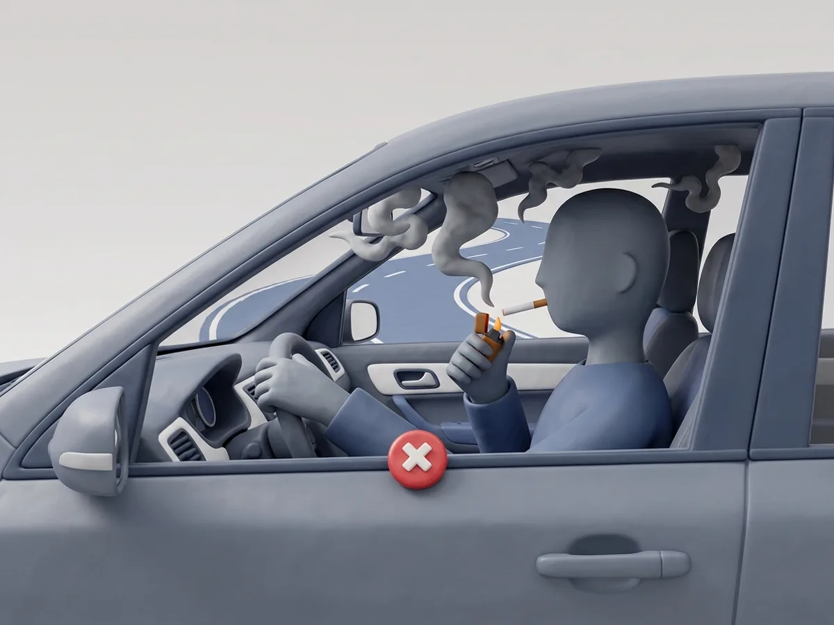 Fumar al volante. Una mano ocupada, el humo en los ojos y la atención en el cigarrillo.